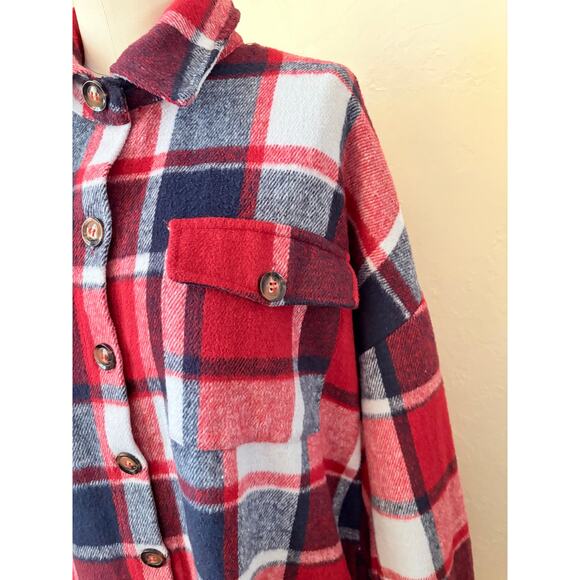 Red Plaid Flannel Women's Shirt Dress Shacket Size M/L Oversized Jacket - Picture 3 of 7